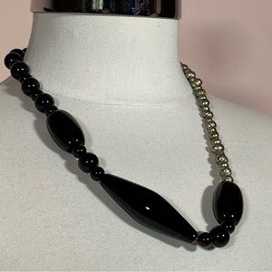 Vintage estate Retro Black Obsidian baroque Grey Pearl Chunky modernist Necklace